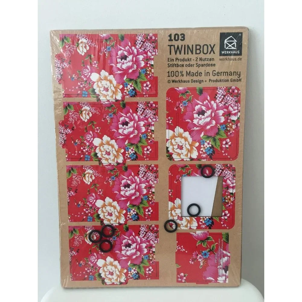 Werkhaus Twinbox Pen Holder Cup Piggy Bank DIY Wood Red Floral Cottage Germany